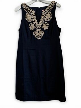 Lilly Pulitzer Navy Shift Dress with Gold Embroidery